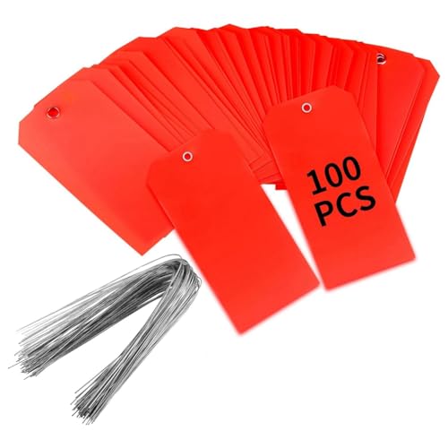 Diheohg 100 Stück 4 3/4 X 2 3/8 Kunststoff-Versandetiketten mit Drähten, Leere Beschriftungsetiketten, Wasserdichte Hängeetiketten (Rot), Langlebig, Einfache Installation, Einfach zu Verwend von Diheohg