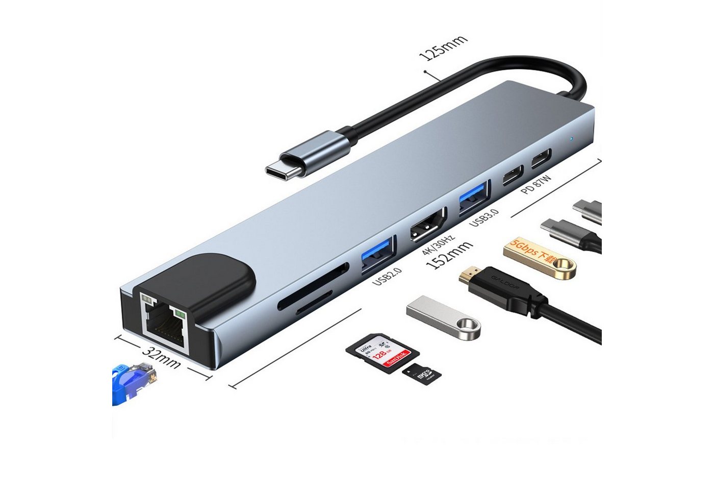 Diida Laptop-Dockingstation Dockingstation,8-in-1 Adapter mit 4K-HDMI,100W PD,USB C Port von Diida