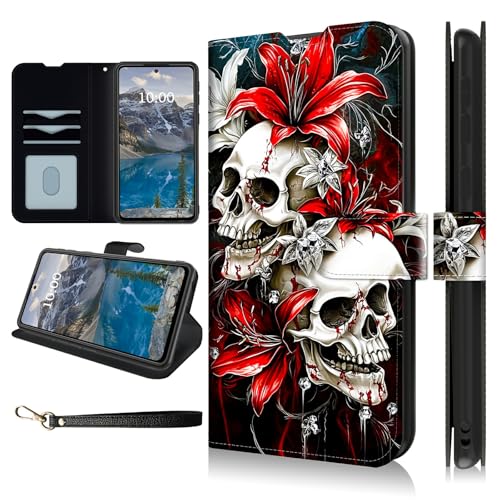 Dikoer Schutzhülle für Motorola Moto Edge 5G 2024, 16,8 cm (6,6 Zoll), mit Handschlaufe, Flip-Cover mit Ständer, Kartenfächern, PU-Leder, stoßfest, für Damen und Herren, roter Lilien-Totenkopf von Dikoer