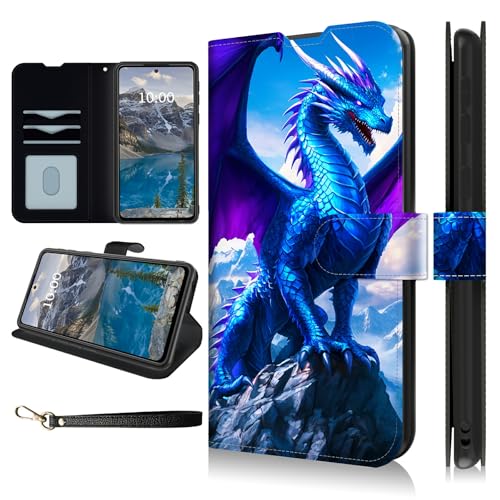 Dikoer Schutzhülle für Motorola Moto G 5G 2025, 17 cm (6,7 Zoll), mit Handschlaufe, Flip-Cover mit Ständer, Kartenfächern, PU-Leder, stoßfest, für Damen und Herren, blauer cooler Drache von Dikoer