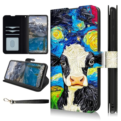 Dikoer Schutzhülle für Motorola Moto G Stylus 5G 2024, 17 cm (6,7 Zoll), mit Handschlaufe, Flip-Cover mit Ständer, Kartenfächern, PU-Leder, stoßfest, für Damen und Herren, schwarz-weiße Kuh von Dikoer