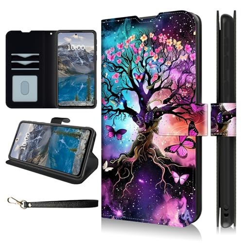 Dikoer Schutzhülle für Samsung Galaxy A16 5G, 17 cm (6,7 Zoll), mit Handschlaufe, Flip-Cover mit Ständer, Kartenfächern, PU-Leder, stoßfest, für Damen und Herren, Schmetterlingsbaum von Dikoer