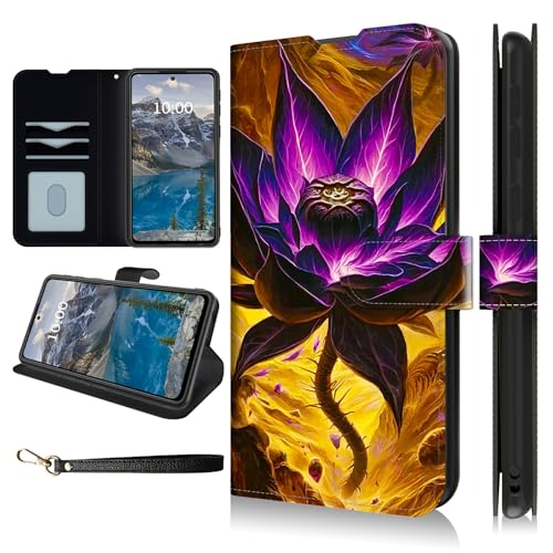 Dikoer Schutzhülle für Samsung Galaxy A16 5G, 17 cm (6,7 Zoll), mit Handschlaufe, Klappdeckel mit Ständer, Kartenfächern, PU-Leder, stoßfest, für Damen und Herren, lila Flaming Lotus von Dikoer