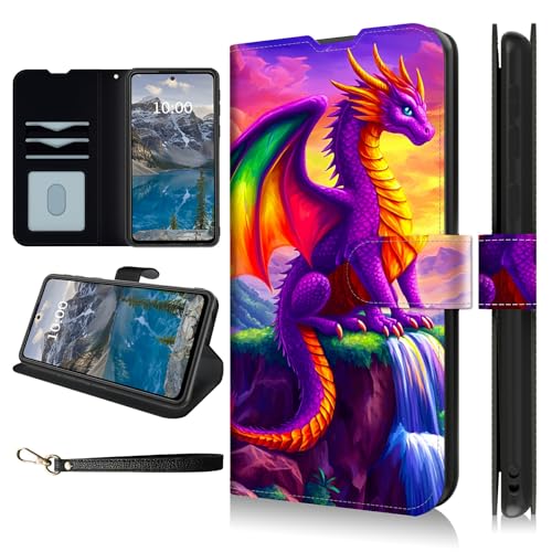 Dikoer Schutzhülle für Samsung Galaxy A26 5G, 17 cm (6,7 Zoll), mit Handschlaufe, Flip-Cover mit Ständer, Kartenfächern, PU-Leder, stoßfest, für Damen und Herren, violetter Drache von Dikoer