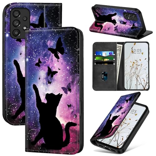 Dikoer Schutzhülle für Samsung Galaxy A35 5G 16,8 cm (6,6 Zoll), Klappetui mit Ständer, Kartenfächern, Magnetverschluss, stoßdämpfender Schutz, Handyhülle für Samsung A35 5G, lila Sternenkatze von Dikoer