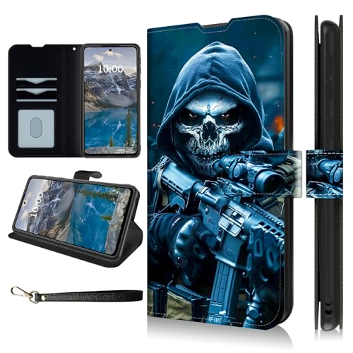 Dikoer Schutzhülle für Samsung Galaxy S25 5G, 15,7 cm (6,2 Zoll), mit Handschlaufe, Klappetui mit Ständer, Kartenfächern, PU-Leder, stoßfest, für Damen und Herren, cooler grauer Totenkopf von Dikoer