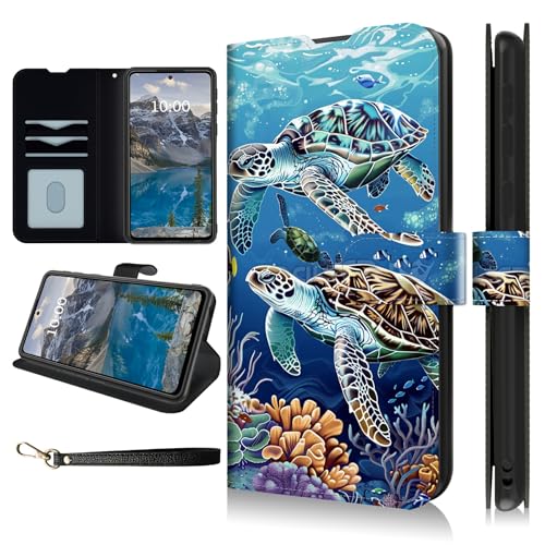 Dikoer Schutzhülle für Samsung Galaxy S25 Ultra 5G, 17,5 cm (6,9 Zoll), mit Handschlaufe, Flip-Cover mit Ständer, Kartenfächern, PU-Leder, stoßfest, für Damen und Herren, Meeresschildkröte von Dikoer