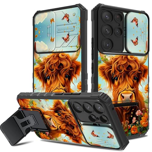 Dikoer Schutzhülle für Samsung Galaxy S25 Ultra 5G, 17,5 cm (6,9 Zoll), mit Kameralinsenabdeckung für Damen, integrierter Ständer, zweilagig, stoßfest und gleitend, Kameraschutzhülle, floridgelbe Kuh von Dikoer