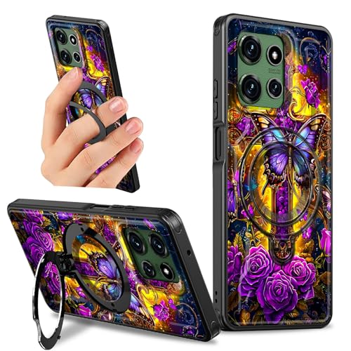 Dikoer Schutzhülle mit Ständer für Motorola Moto G Power 5G 2025, 17,3 cm (6,8 Zoll), mit 360 Grad drehbarem Ringhalter, Ständer, für Damen und Herren, robust, hart, stoßfest, violettes Rosenkreuz von Dikoer