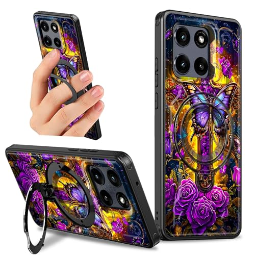 Dikoer Schutzhülle mit Ständer für Motorola Moto G Stylus 5G 2025, 17 cm (6,7 Zoll), mit 360 Grad drehbarem Ringhalter, Ständer, für Damen und Herren, robust, hart, stoßfest, violettes Rosenkreuz von Dikoer