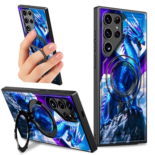 Dikoer Schutzhülle mit Ständer für Samsung Galaxy S25 Ultra 5G, 17,5 cm (6,9 Zoll), mit 360 Grad drehbarem Ringhalter, Ständer, für Damen und Herren, robust, hart, stoßfest, blauer cooler Drache von Dikoer