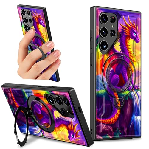 Dikoer Schutzhülle mit Ständer für Samsung Galaxy S25 Ultra 5G, 17,5 cm (6,9 Zoll), mit 360 Grad drehbarem Ringhalter, Ständer, für Damen und Herren, robust, hart, stoßfest, violetter Drache von Dikoer
