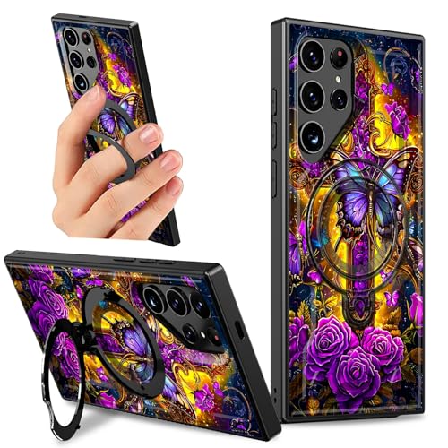 Dikoer Schutzhülle mit Ständer für Samsung Galaxy S25 Ultra 5G, 17,5 cm (6,9 Zoll), mit 360 Grad drehbarem Ringhalter, Ständer, für Damen und Herren, robust, hart, stoßfest, violettes Rosenkreuz von Dikoer