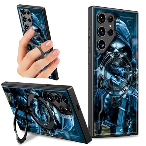 Dikoer Schutzhülle mit Ständer für Samsung Galaxy S25 Ultra 5G, 17,5 cm (6,9 Zoll), mit 360 Grad drehbarem Ringhalter, Ständer, robust, hart, stoßfest, cooler grauer Totenkopf von Dikoer