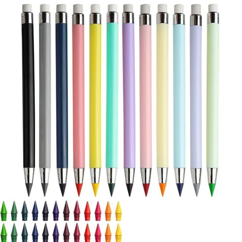 Swify Zauberbleistift, Swify Bleistift, 12 Stück Ewiger Bunte Ewiger Bleistift mit Radiergummi mit 24 Austauschbaren Spitzen, Klares und Flüssiges Schreiben (Satz-B+24 Austauschbare Spitzen) von Dilaminaqi