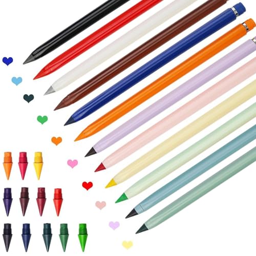 Swify Zauberbleistift, Swify Bleistift, 12 Stück Ewiger Bunte Ewiger Bleistift mit Radiergummi mit 24 Austauschbaren Spitzen, Klares und Flüssiges Schreiben (Satz-C+12 Austauschbare Spitzen) von Dilaminaqi