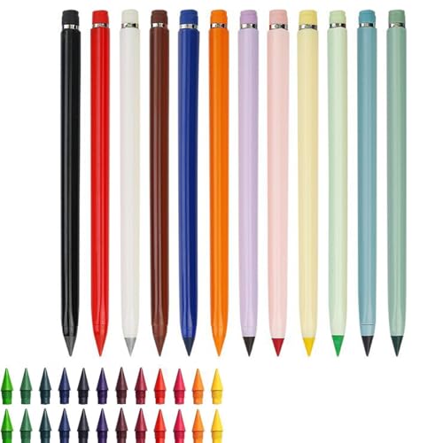 Swify Zauberbleistift, Swify Bleistift, 12 Stück Ewiger Bunte Ewiger Bleistift mit Radiergummi mit 24 Austauschbaren Spitzen, Klares und Flüssiges Schreiben (Satz-C+24 Austauschbare Spitzen) von Dilaminaqi