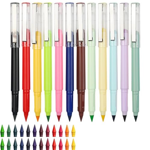 Swify Zauberbleistift, Swify Bleistift, 12 Stück Ewiger Bunte Ewiger Bleistift mit Radiergummi mit 24 Austauschbaren Spitzen, Klares und Flüssiges Schreiben (Satz-D+24 Austauschbare Spitzen) von Dilaminaqi