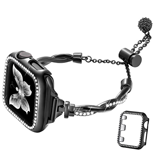 Dilando Glitzerndes Armband und Schutzhülle, kompatibel mit Apple Watch, 38 mm, 40 mm, 41 mm, 44 mm, 45 mm, 42 mm, Damen, schmales, elegantes Metallarmband, Strass, Stoßfänger für iWatch SE & Serie 8 von Dilando