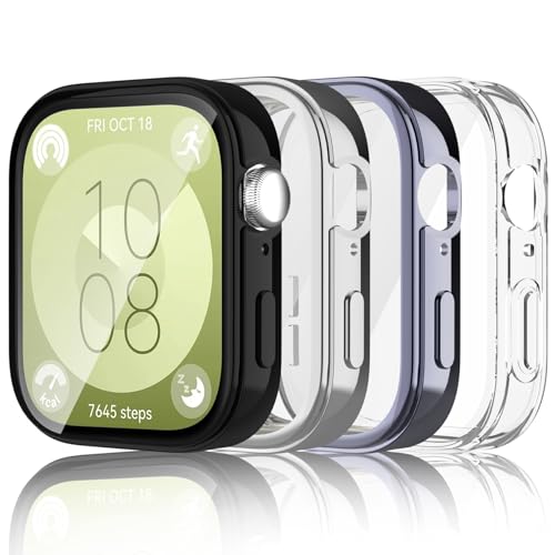 Dilhvy [4-Stück Hülle Kompatibel mit Huawei Watch Fit 3 Schutzhülle, Flexibles TPU Vollschutz Display Schutz Schutzfolie Full Coverage Stoßfestes Displayschutz (klar+Schwarz+Silber+Grau) von Dilhvy