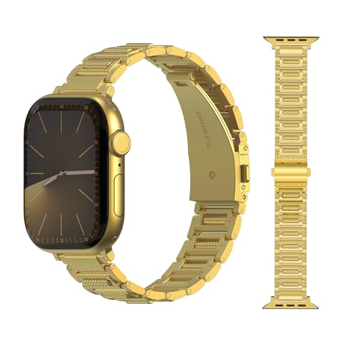 Edelstahl Armband Kompatibel mit Apple Watch 46mm 49mm 45mm 44mm 42mm, Metall-Gliederarmband mit Kugellager-Design für iWatch Series 10 9 8 7 6 5 4 3 2 1/Ultra 2/SE, Werkzeuglos abnehmbar-Gold von Dilhvy