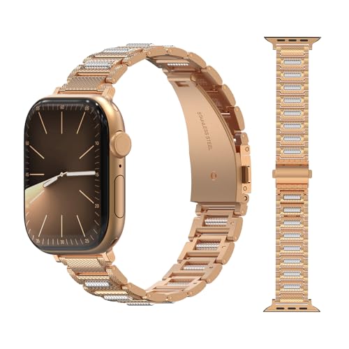 Edelstahl Armband Kompatibel mit Apple Watch 46mm 49mm 45mm 44mm 42mm, Metall-Gliederarmband mit Kugellager-Design für iWatch Series 10 9 8 7 6 5 4 3 2 1/Ultra 2/SE, Werkzeuglos abnehmbar-Roségold von Dilhvy