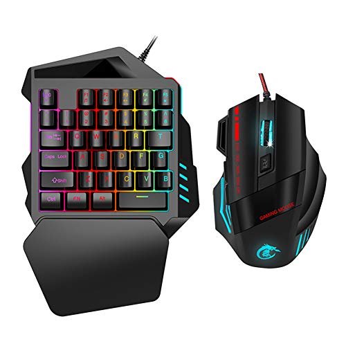 Gaming Keyboard Mouse Combo, LED-Farbe Hintergrundbeleuchtung Einhand Gaming Keyboard Einstellbar1000/1600/2400/3200/5500DPI Maus Kabel Ergonomisches PC-Gamer-Set für Win 2000/XP/ME/7/8/Android von Dilwe