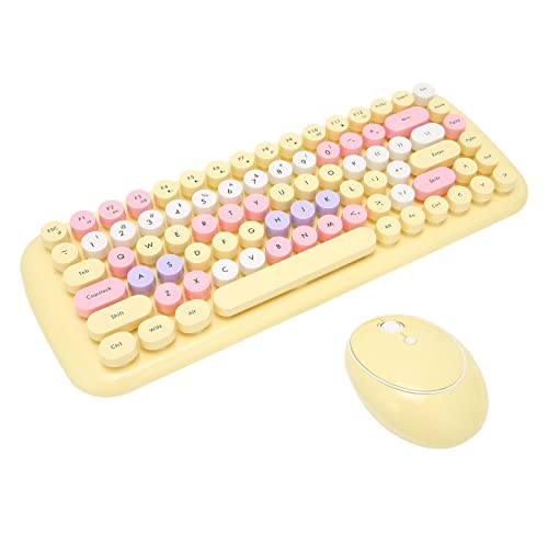 Kabellose Tastaturmaus, Kompakte 84Tasten Retro Süße Tastatur mit Runden Tastenkappen, 1600 DPI 2,4 G USB Ergonomische Tastatur Geschenk für Mädchen(bonbon-zitronengelb gemischte Farbe) von Dilwe
