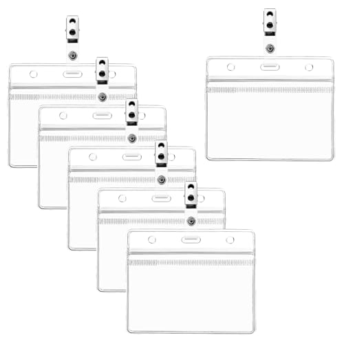 Dimeho 5er-Pack Ausweishalter mit Metallklammern durchsichtige Kartenschutzhüllen wasserdicht verschließbar Namensschildhüllen transparente Ausweishüllen Anstecknadeln für Büro Schule (horizontal) von Dimeho