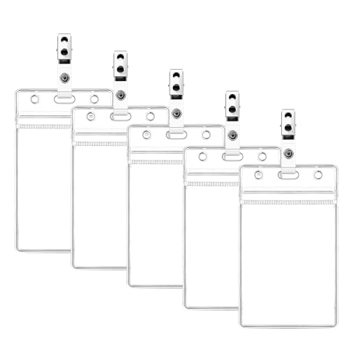 Dimeho 5er-Pack Ausweishalter mit Metallklammern transparente vertikale Kartenschutzhüllen wasserdicht verschließbar Namensschildhüllen transparente Ausweishüllen Nadeln für Büro Schule von Dimeho