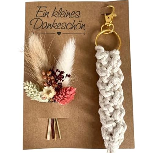 Dinala Kleines Dankeschön - liebevolle danke Karte - mit echtem Trockenblumenstrauß und natürlichem Makramee Schlüsselanhänger - kleines Dankeschön Geschenk das Eindruck hinterlässt (Beige 2) von Dinala
