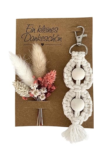 Kleines Dankeschön - liebevolle Danke Karte - mit echtem Trockenblumenstrauß und natürlichem Makramee Schlüsselanhänger - kleines Dankeschön Geschenk das Eindruck hinterlässt (Beige) von Dinala