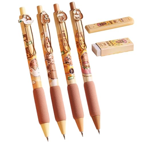 Dinchaakuarry Capybala Automatischer Bleistift – 4 x niedliche Zeichenstifte mit Eraser | tragbare Capybara-Bleistifte 14,5 cm für die Schule, ästhetisches Schreibwerkzeug für und Mädchen von Dinchaakuarry