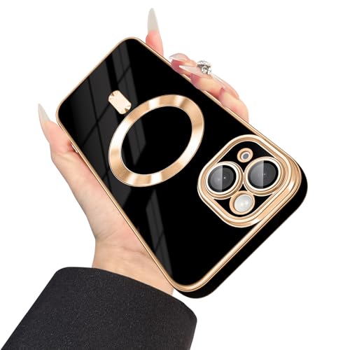 Dinick Entworfen für iPhone 13 Hülle mit magnetischem [integrierte Kameraabdeckung], kompatibel mit MagSafe, weiche TPU-Glitzer-Abdeckung, kratzfest, dünn, für iPhone 13, Schwarz und Gold von Dinick