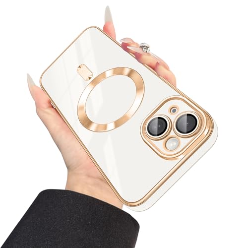 Dinick Entworfen für iPhone 13 Hülle mit magnetischem [integrierte Kameraabdeckung], kompatibel mit MagSafe, weiche TPU-Glitzer-Abdeckung, kratzfest, dünn, für iPhone 13, Weiß und Gold von Dinick