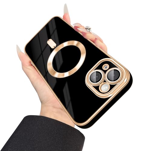 Dinick Entworfen für iPhone 14 Plus Hülle mit magnetischem [integrierte Kameraabdeckung], kompatibel mit MagSafe, weiche TPU-Glitzer-Abdeckung, kratzfest, dünn, für iPhone 14 Plus, Schwarz und Gold von Dinick