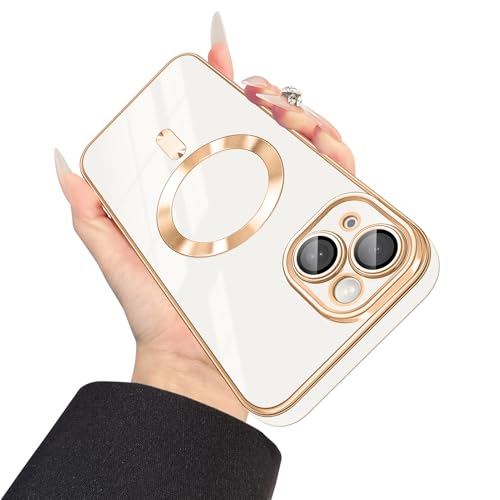 Dinick Entworfen für iPhone 14 Plus Hülle mit magnetischem [integrierte Kameraabdeckung], kompatibel mit MagSafe, weiche TPU-Glitzer-Abdeckung, kratzfest, dünn, für iPhone 14 Plus, Weiß und Gold von Dinick
