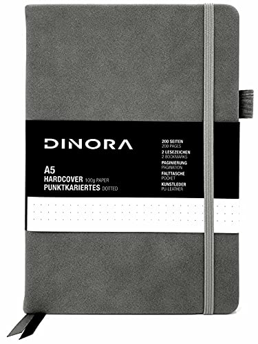 Dinora® Notizbuch A5 Hardcover - Dotted Bullet Journal - PU Leder - 200 nummerierte Seiten - 100g Avery Papier - Grau von Dinora