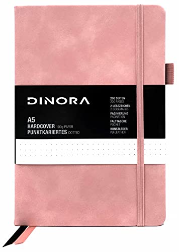 Dinora® Notizbuch A5 Hardcover - Dotted Bullet Journal - PU Leder - 200 nummerierte Seiten - 100g Avery Papier - Rosa - Pink von Dinora