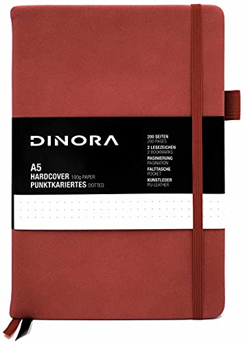 Dinora® Notizbuch A5 Hardcover - Dotted Bullet Journal - PU Leder - 200 nummerierte Seiten - 100g Avery Papier - Rot von Dinora