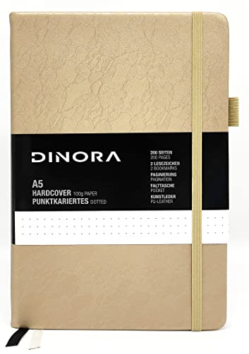 Dinora® Notizbuch A5 Hardcover - Dotted - PU Leder - 200 nummerierte Seiten - 100g Avery Papier - Gold von Dinora