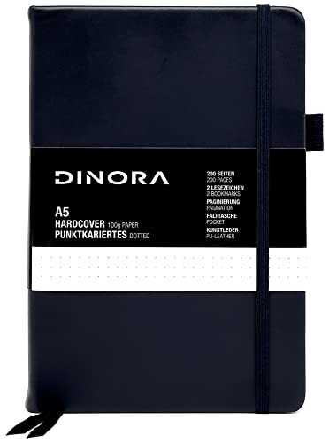 Dinora® Notizbuch A5 Hardcover - Dotted - PU Leder-Optik - 200 nummerierte Seiten - 100g Avery Papier - Navi Blau von Dinora