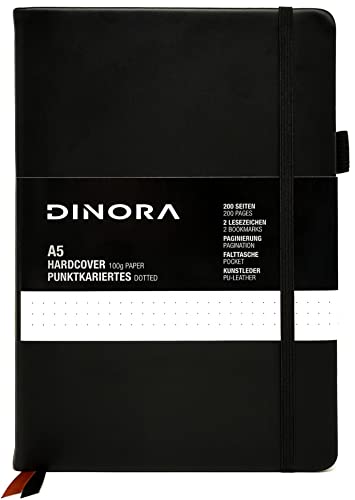 Dinora® Notizbuch A5 Hardcover - Dotted - PU Leder-Optik - 200 nummerierte Seiten - 100g Avery Papier- Schwarz von Dinora