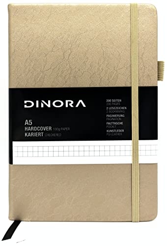 Dinora® Notizbuch A5 Hardcover - Kariert - PU Leder - 200 nummerierte Seiten - 100g Avery Papier - Gold von Dinora