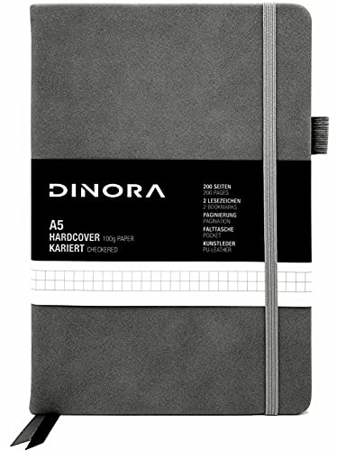 Dinora® Notizbuch A5 Hardcover - Kariert - PU Leder - 200 nummerierte Seiten - 100g Avery Papier - Grau von Dinora