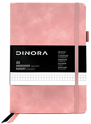 Dinora® Notizbuch A5 Hardcover - Kariert - PU Leder - 200 nummerierte Seiten - 100g Avery Papier - Rosa - Pink von Dinora