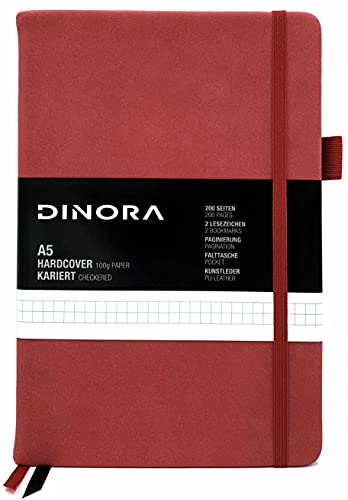 Dinora® Notizbuch A5 Hardcover - Kariert - PU Leder - 200 nummerierte Seiten - 100g Avery Papier- Rot von Dinora