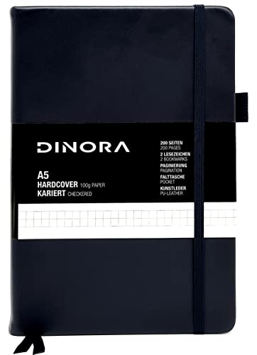 Dinora® Notizbuch A5 Hardcover - Kariert - PU Leder-Optik - 200 nummerierte Seiten - 100g Avery Papier - Navi Blau von Dinora
