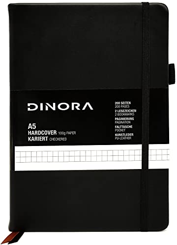 Dinora® Notizbuch A5 Hardcover - Kariert - PU Leder-Optik - 200 nummerierte Seiten - 100g Avery Papier - Schwarz von Dinora