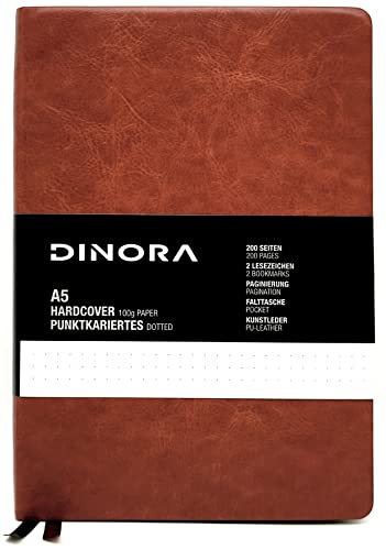 Dinora® Notizbuch A5 Softcover - Dotted - PU Leder - 200 nummerierte Seiten - 100g Avery Papier - Kastanienbraun von Dinora
